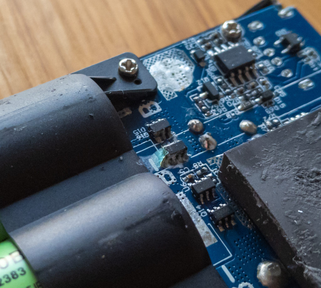 Corrosion around the n-channel battery protection MOSFET in Anker PowerCore+ 26800