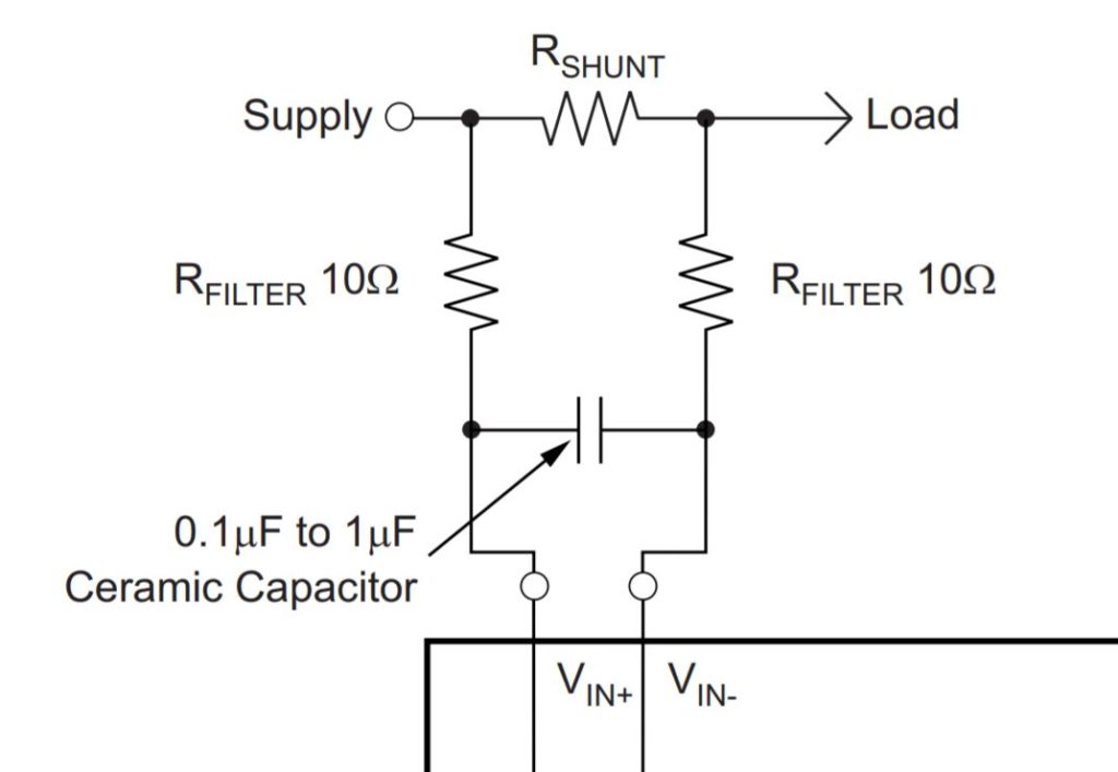 INA219 current sense input filtering schematics diagram.