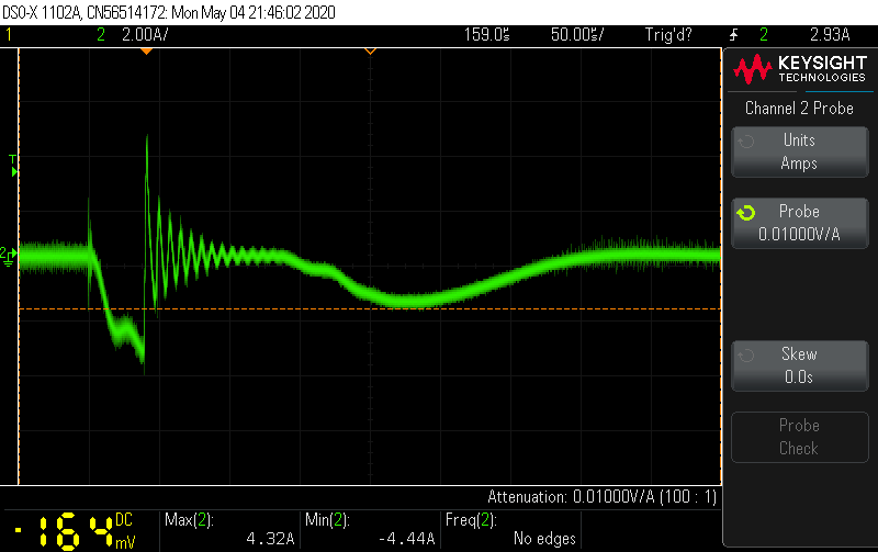 Keysight DSOX1102A oscilloscope screenshot. Measuring current transients on DFRobot Gravity Wattmer.