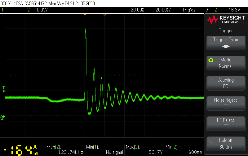 Keysight DSOX1102A oscilloscope screenshot. Measuring voltage transients on DFRobot Gravity Wattmer.