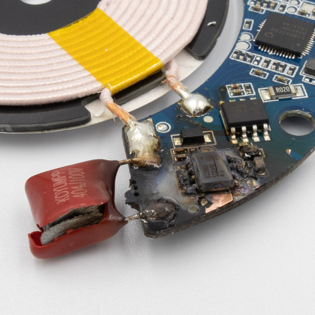 IKEA LIVBOJ Qi Wireless charger burned PCB closeup