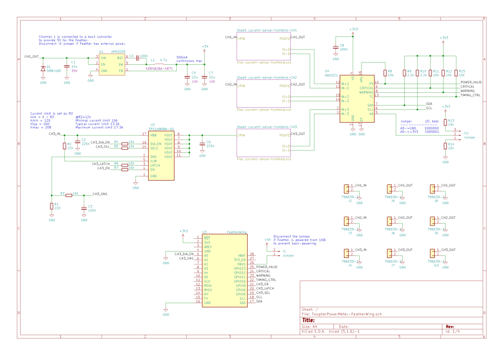 Schematics for the INA3221 based FeatherWing power meter.